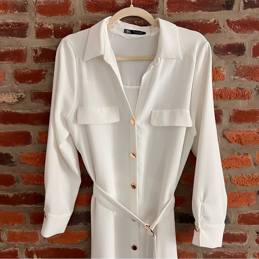 Zara Cream Long Sleeve Shirt Dress with Gold Buttons